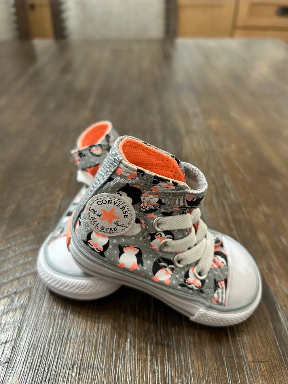 Converse Kids High-Top Sneakers in Gray with Coral Penguin Print